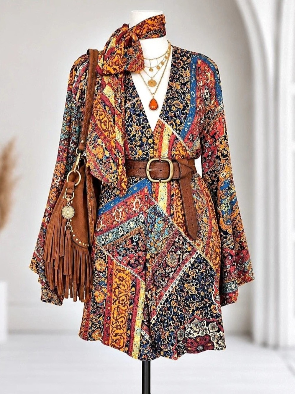 Vintage Carole Little Size 10 Patchwork Paisley Boho cardigan Scarf Neck Top